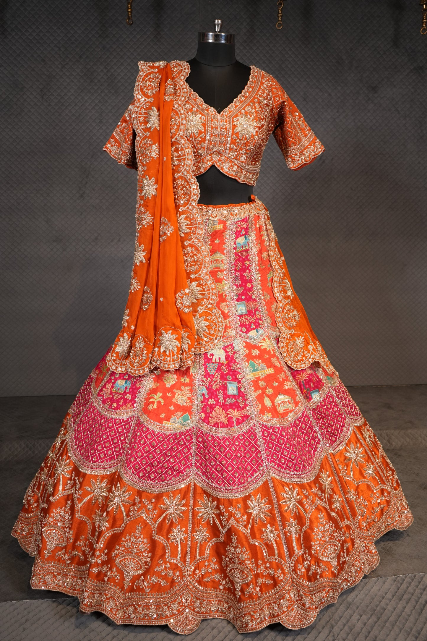 Orange & Pink Raw Silk Rajasthani Bridal Lehenga Set