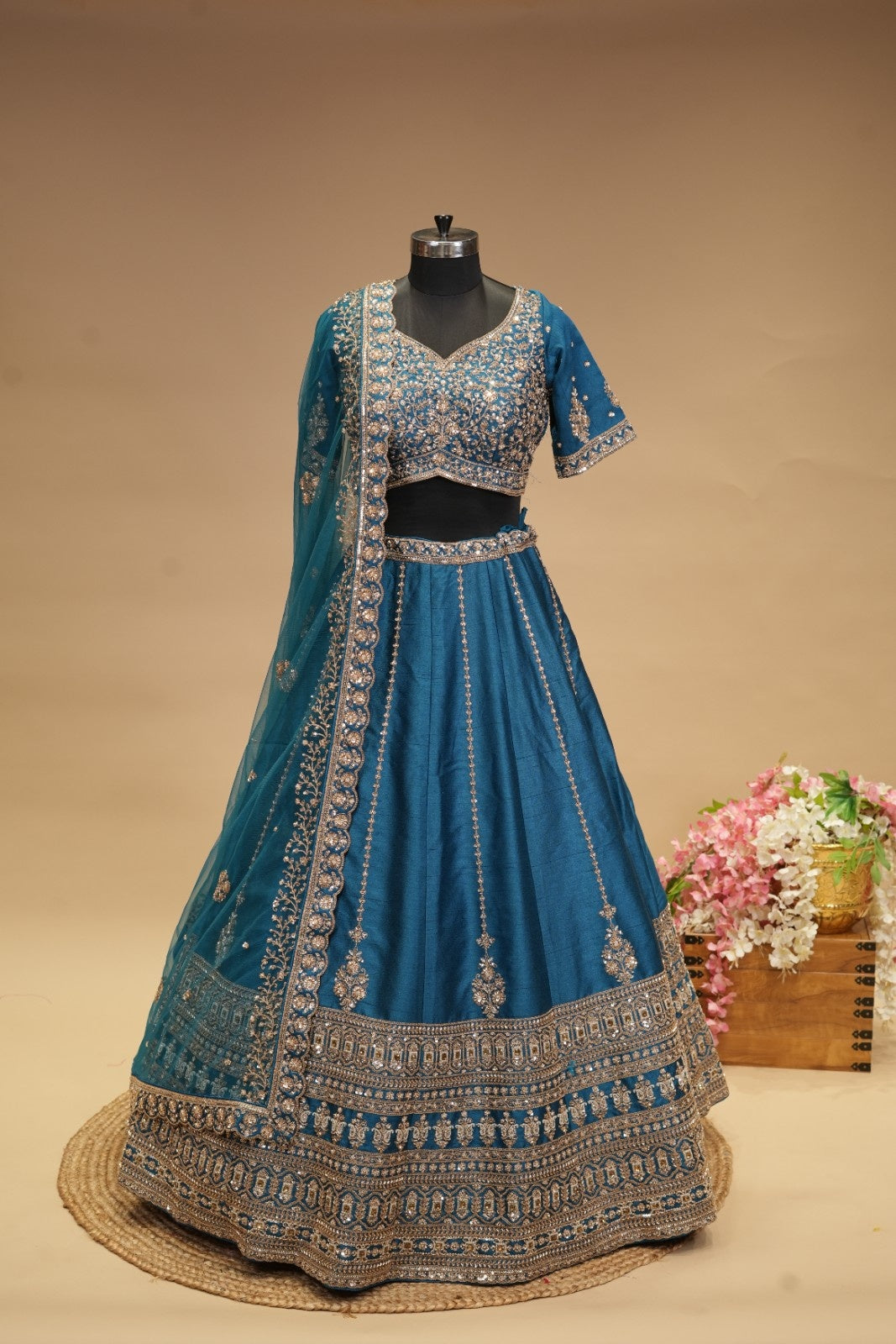 Teal Raw Silk Embroidered Crop Set