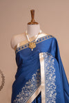 Pure Banarasi Satin Blue With Silk Rose Gold Zari Saree