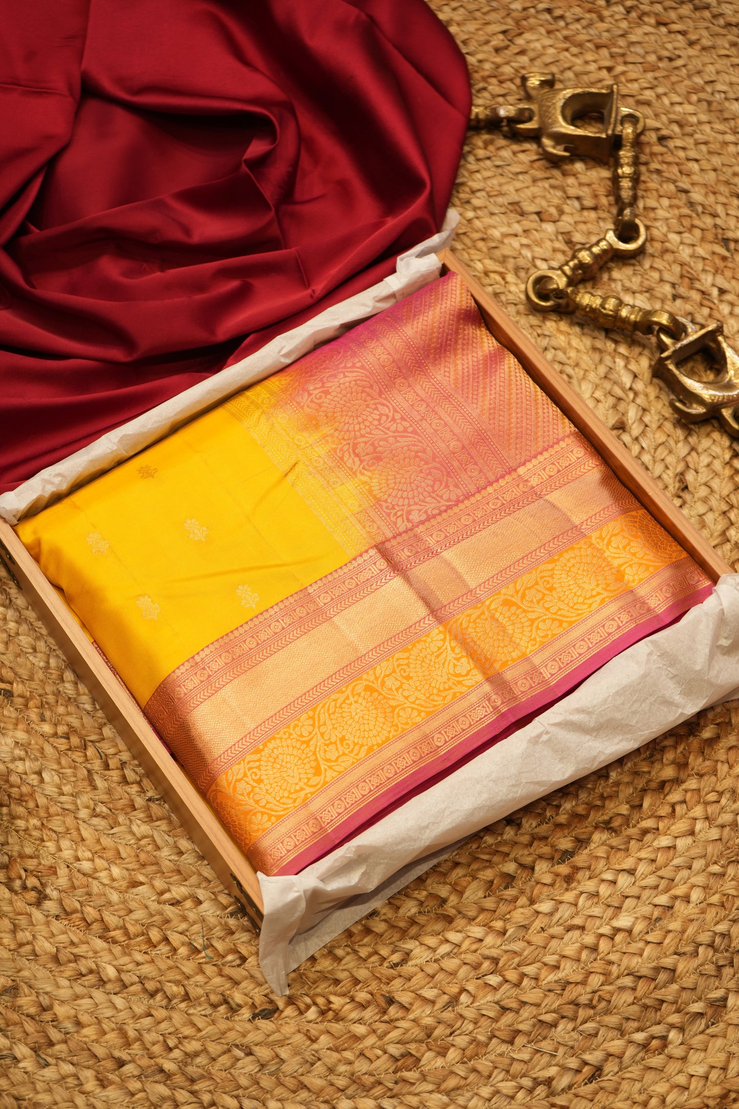 Mustard Yellow Pure Silk Kanjivaram Contrast Border Saree