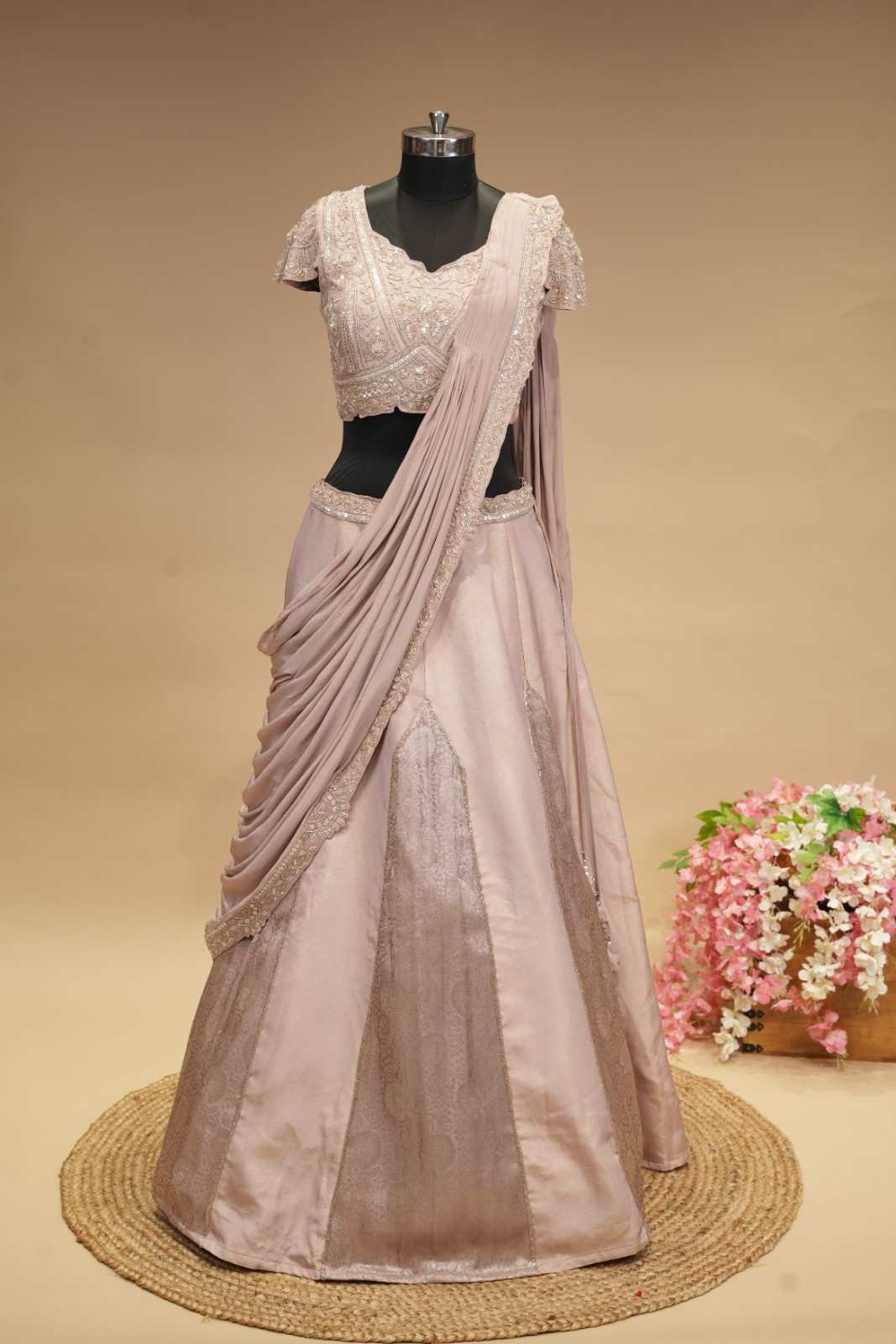 Mauve Banarsi Tissue Pre-Draped Lehenga Set