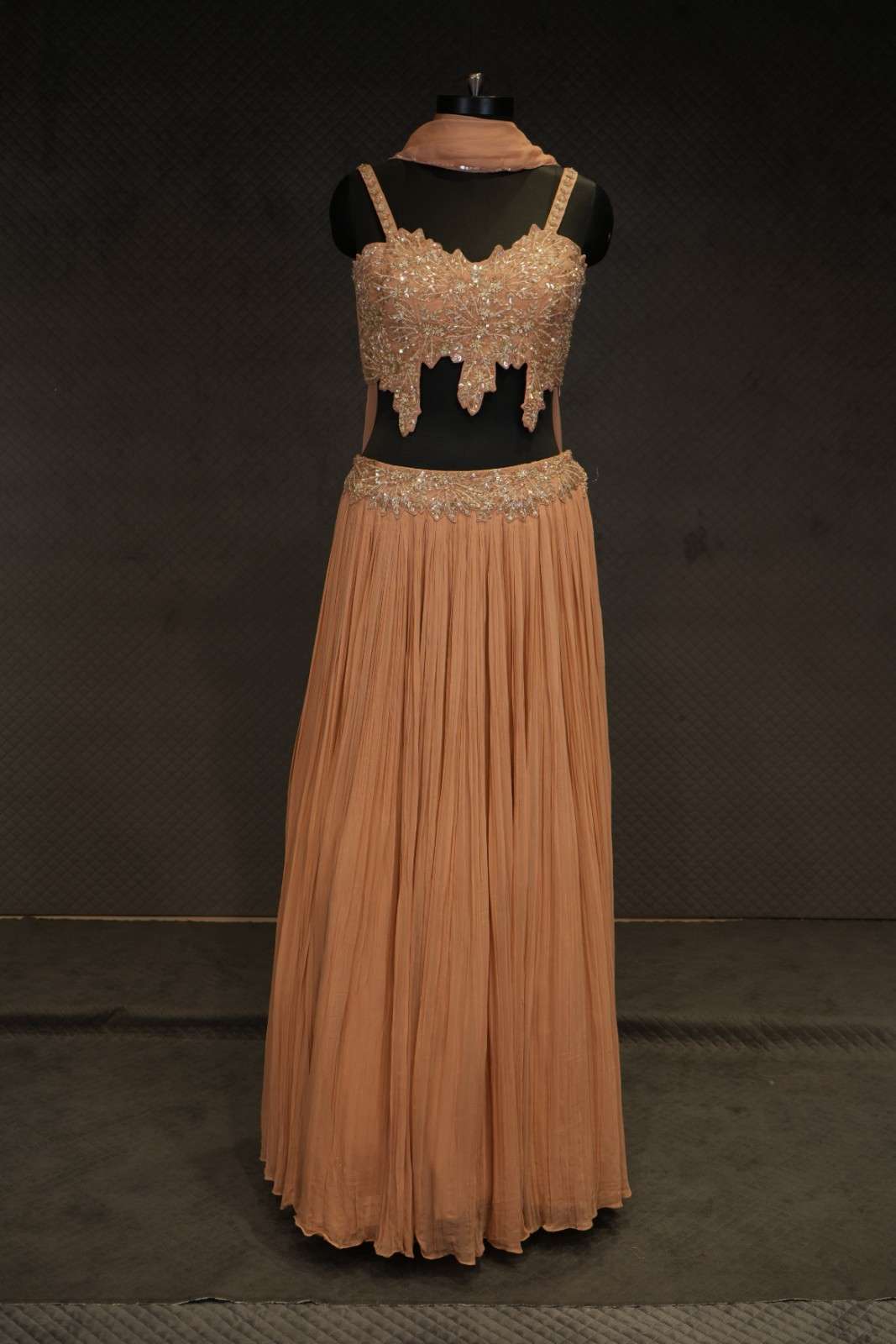 Peach Georgette Embroidered Crop Top Skirt Set