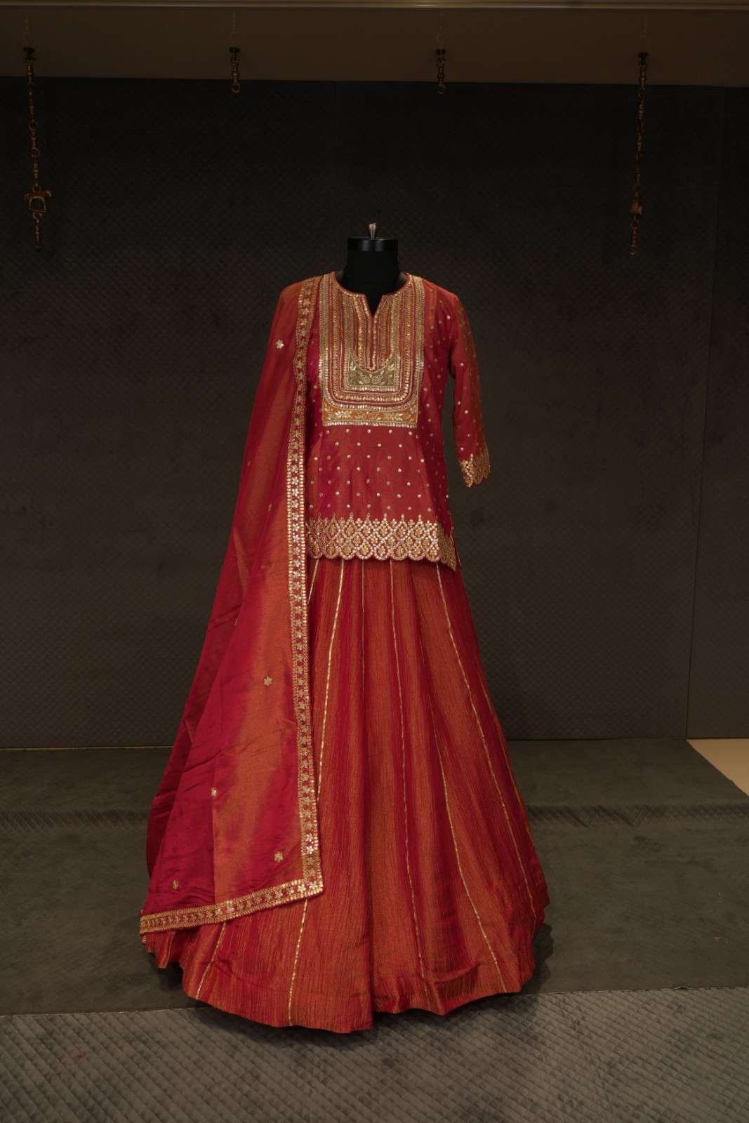 Red Tissue Silk Short Kurti Lehenga Set