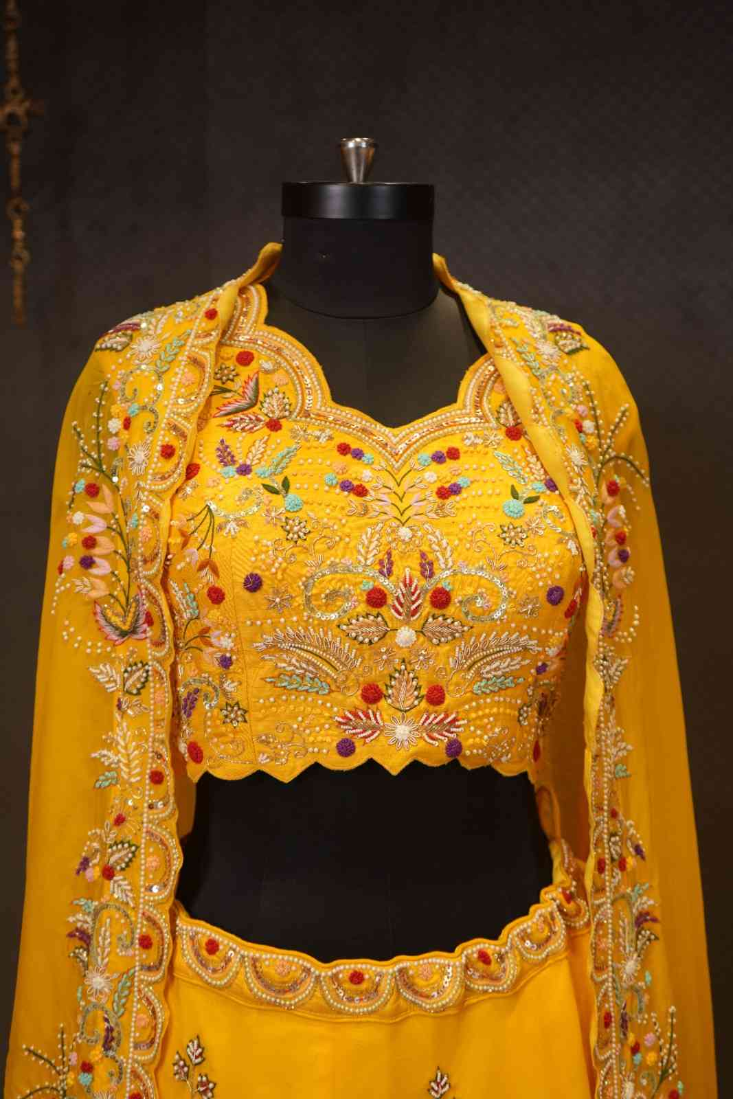 Sunshine Yellow Raw Silk Floral Embroidered Lehenga Set