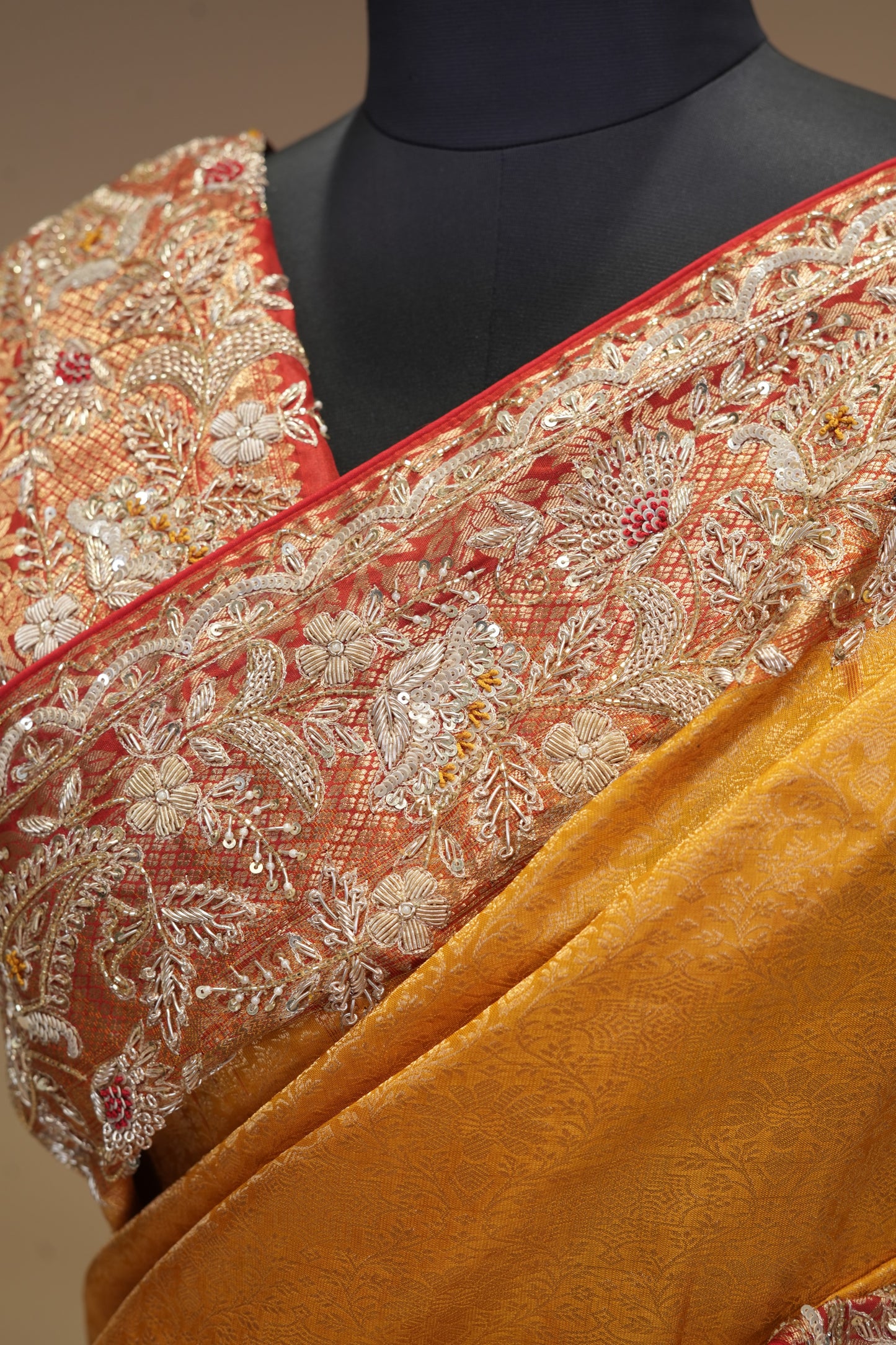 Mustard & Red Kanjivaram Brocade Bridal Saree