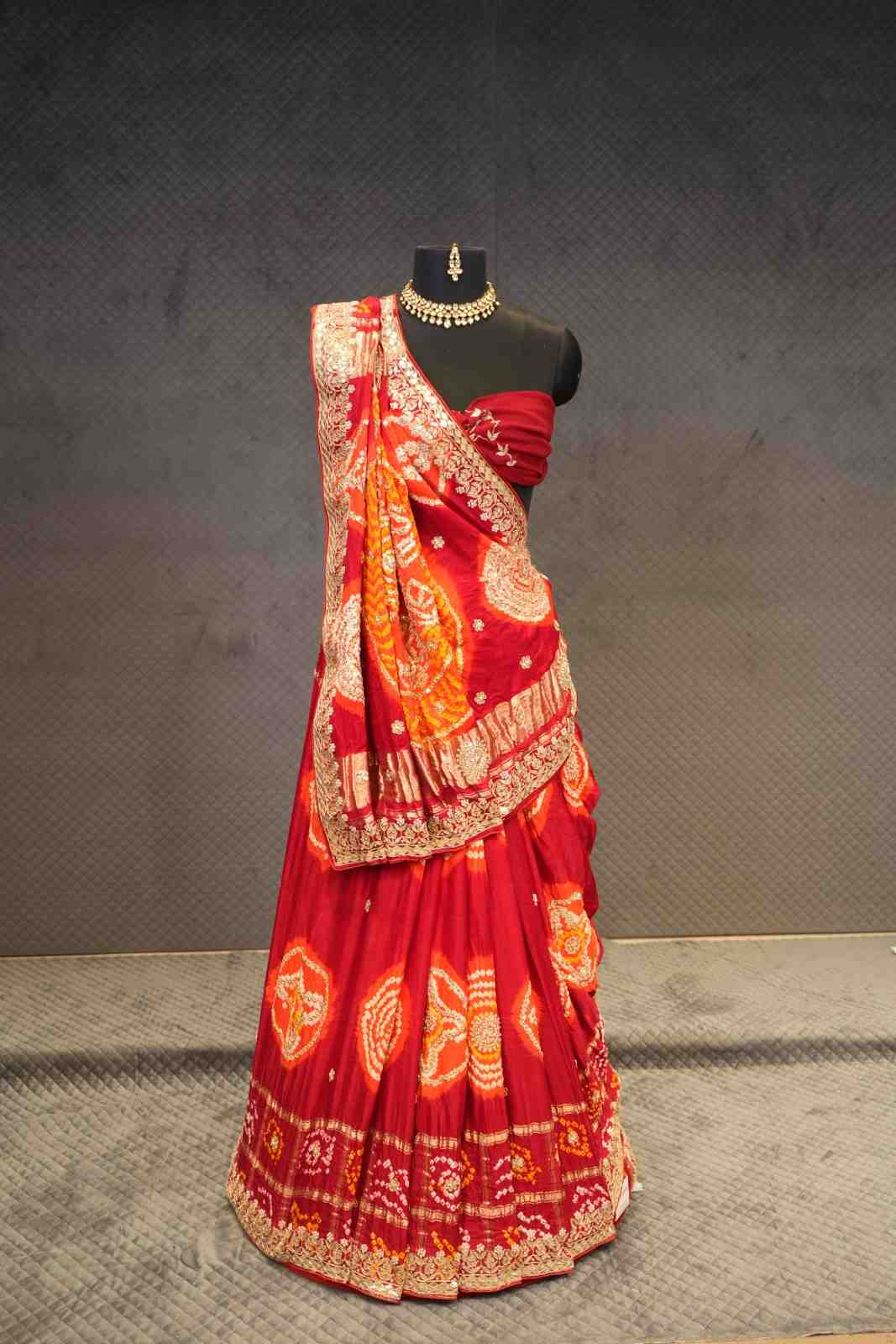 Red & Orange Pure Gaji Silk Ghatchola Bandhej Saree