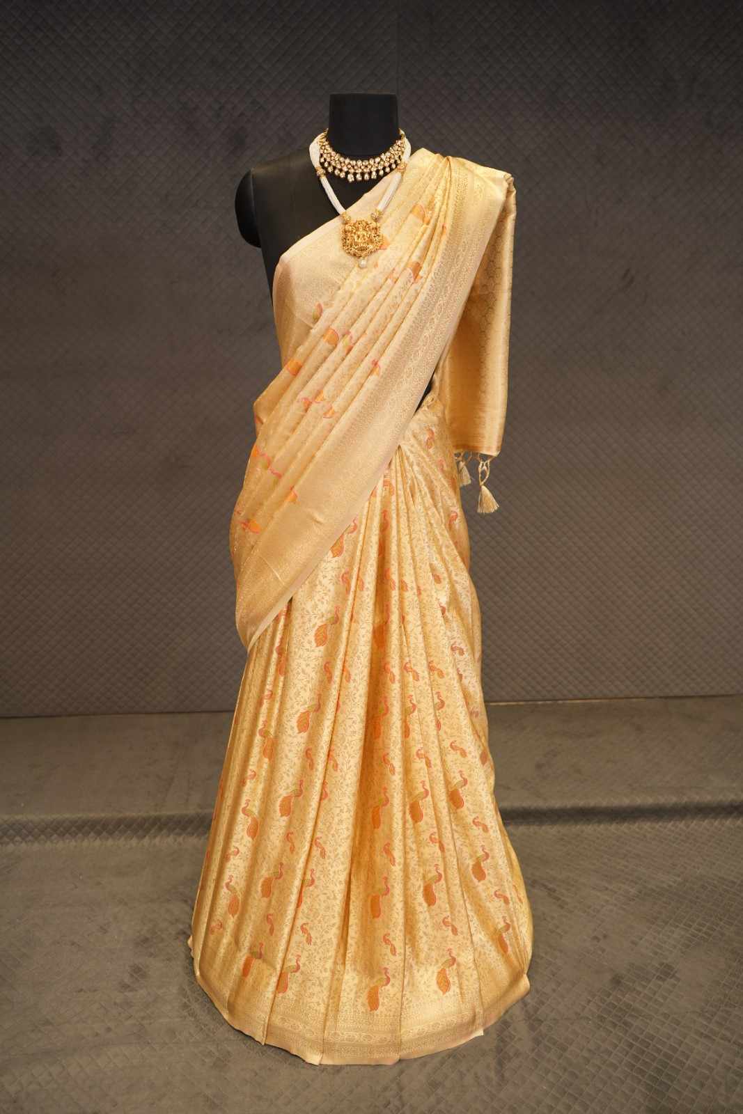 Golden Soft Silk Peacock Meenakari Zari Saree