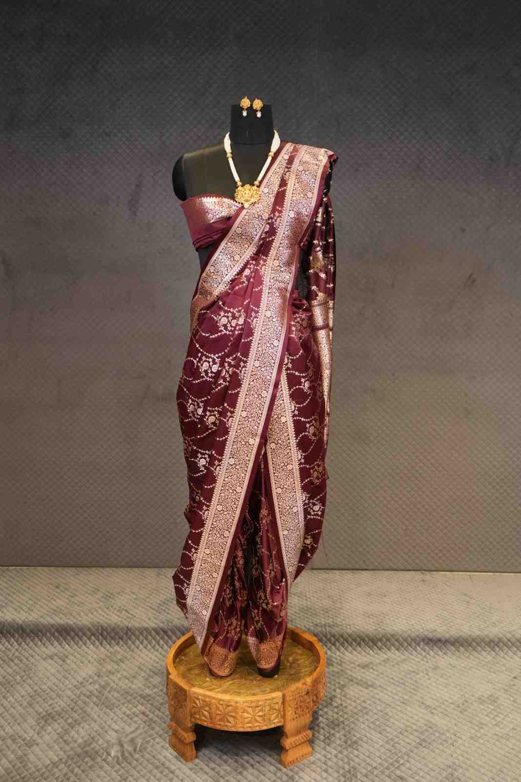 Deep Wine Satin Silk Banarsi Jaal Zari Saree