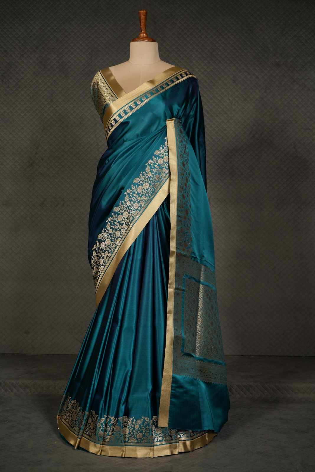Teal Blue Pure Satin Silk Banarsi Border Saree