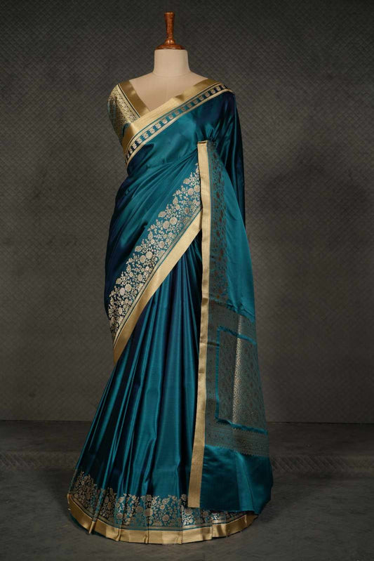 Teal Blue Pure Satin Silk Banarsi Border Saree