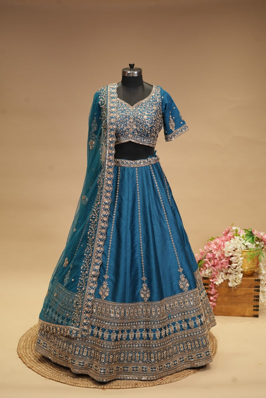 Teal Raw Silk Embroidered Crop Set