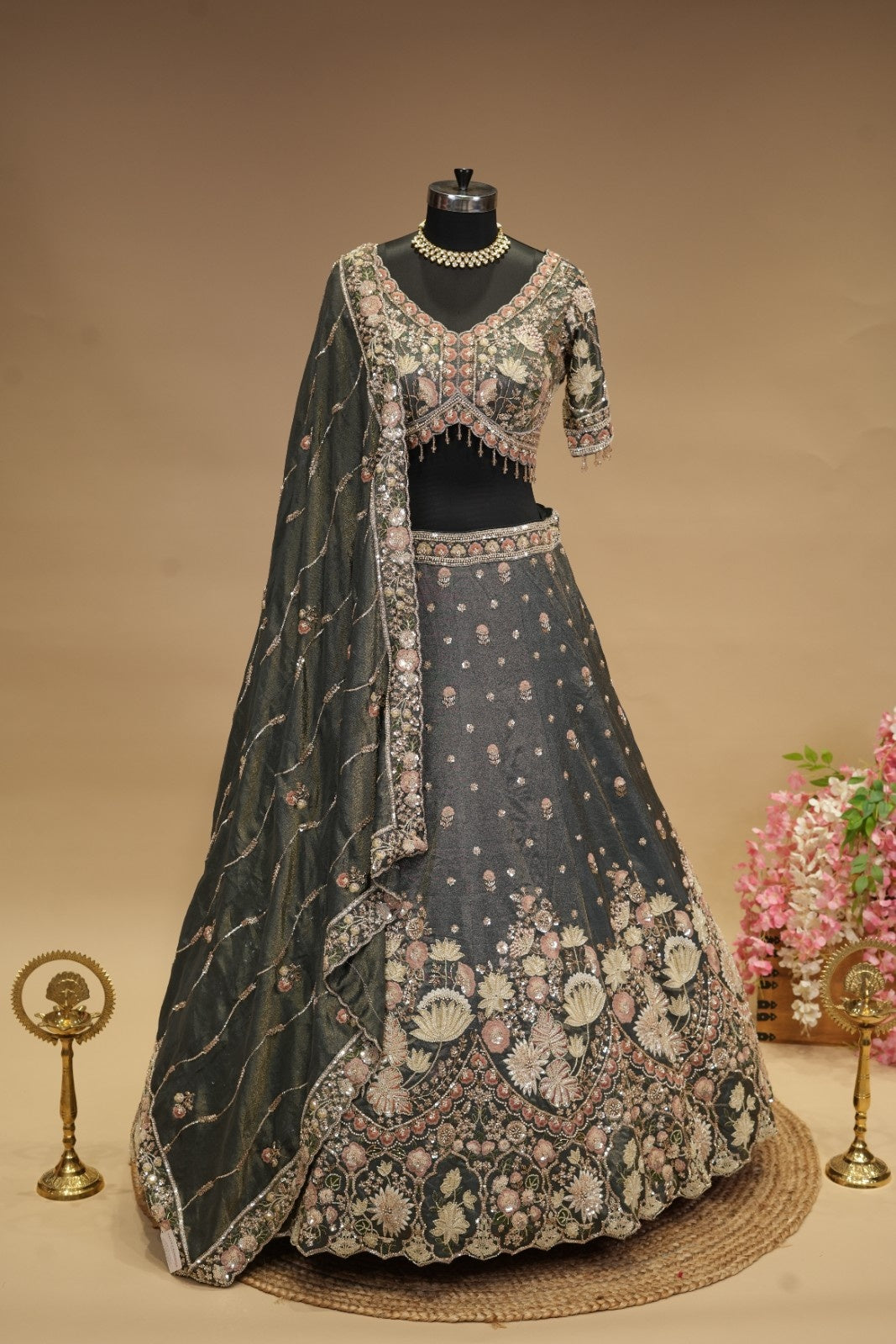 Charcoal Grey Crepe Lehenga