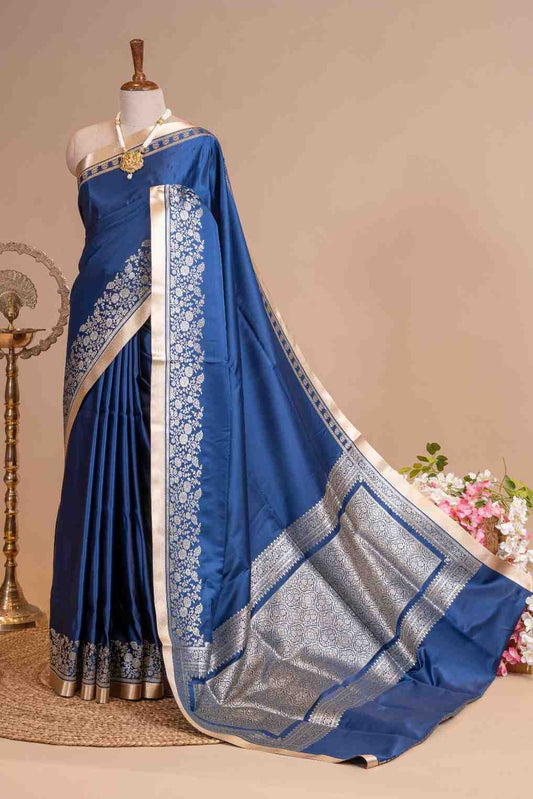 Pure Banarasi Satin Blue With Silk Rose Gold Zari Saree