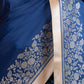 Pure Banarasi Satin Blue With Silk Rose Gold Zari Saree