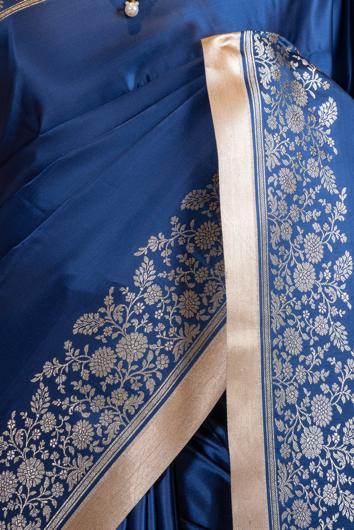 Pure Banarasi Satin Blue With Silk Rose Gold Zari Saree