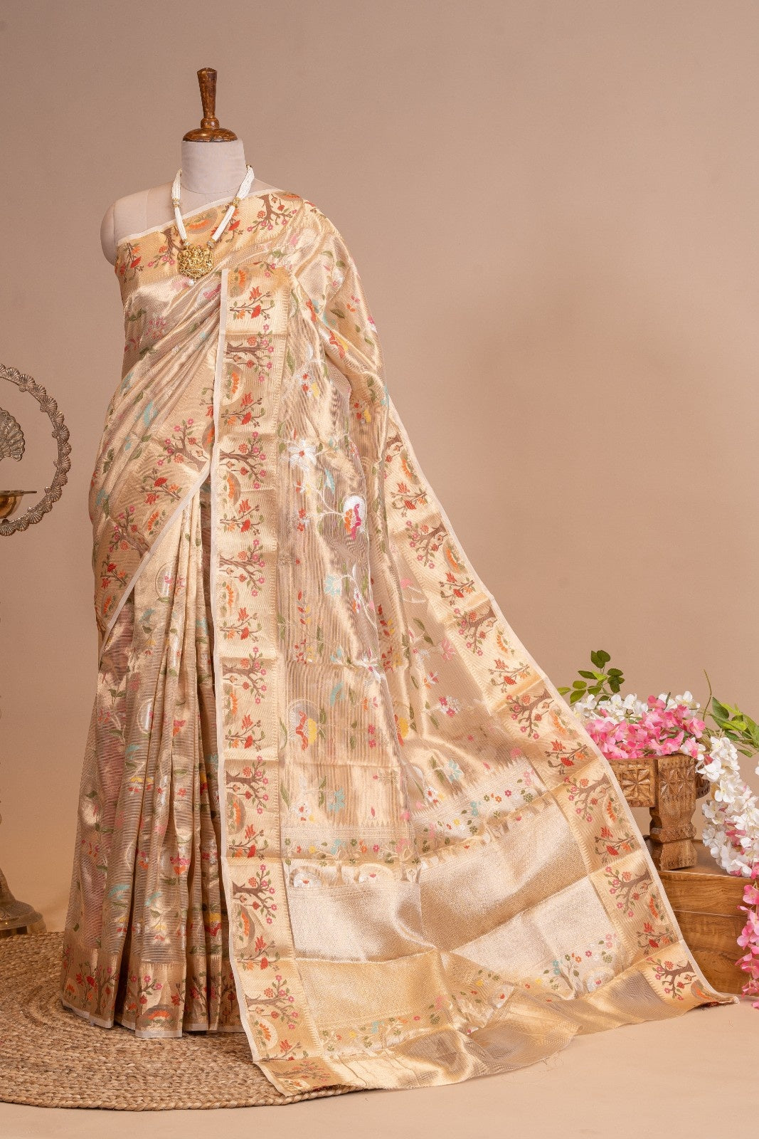 Pure Kota Tissue Zari Resham Meena Work Saree
