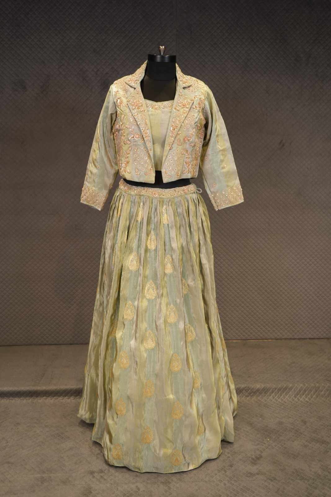 Mint Green Banarsi Tissue Jacket Lehenga Set