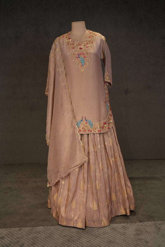 Blush Pink Banarsi Tissue Peacock Kurti Skirt Set