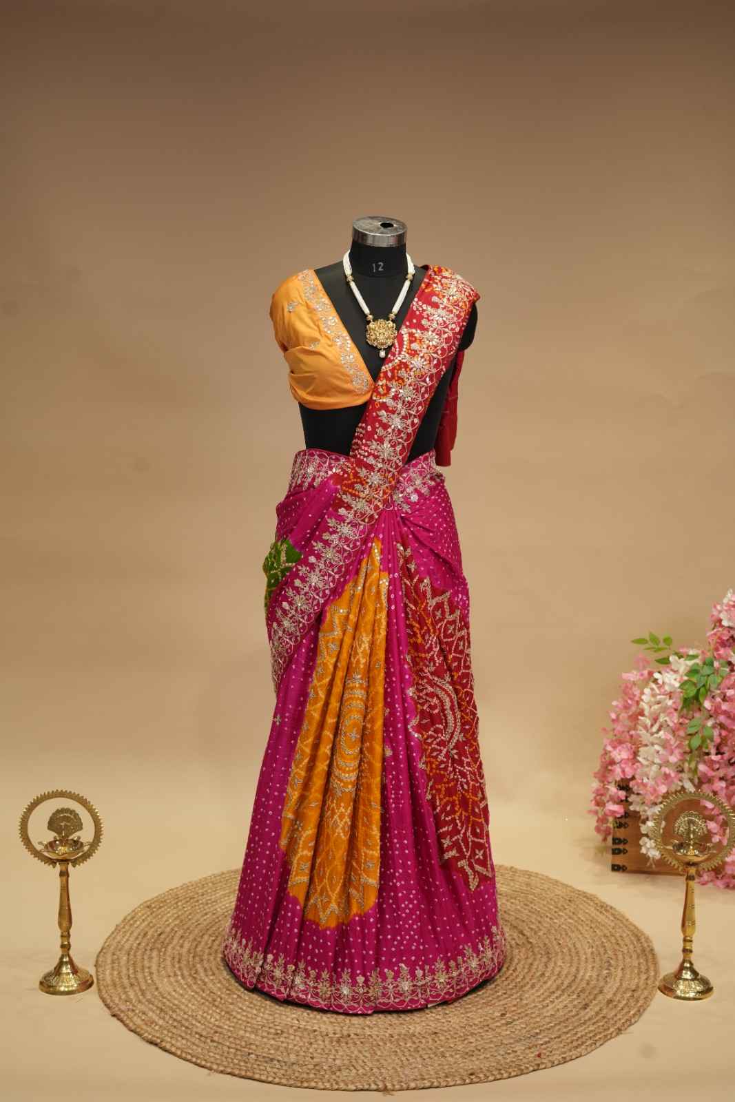 Magenta & Orange Gaji Silk Pachranga Bandhej Saree