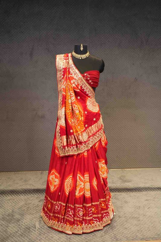 Red & Orange Pure Gaji Silk Ghatchola Bandhej Saree